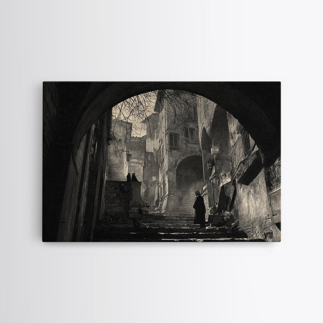 The Town Where Shadows Live, Architectural Etching Art, Landscape Wall Art, Dark Halloween Decor, Canvas Print