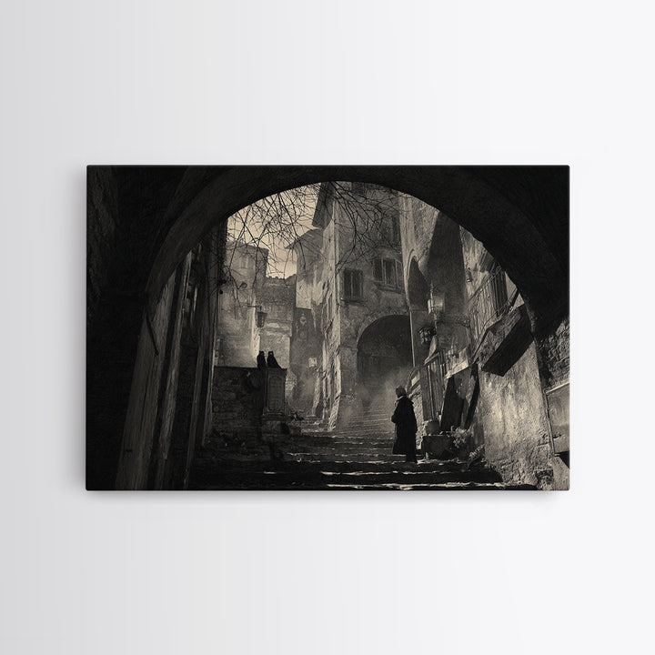 The Town Where Shadows Live, Architectural Etching Art, Landscape Wall Art, Dark Halloween Decor, Canvas Print