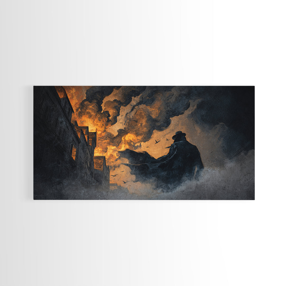 The Town Where Shadows Live, Apocalyptic Romantic Art, Wide Panoramic Art, Macabre Wall Art, Framed Canvas Print, Halloween Wall Art