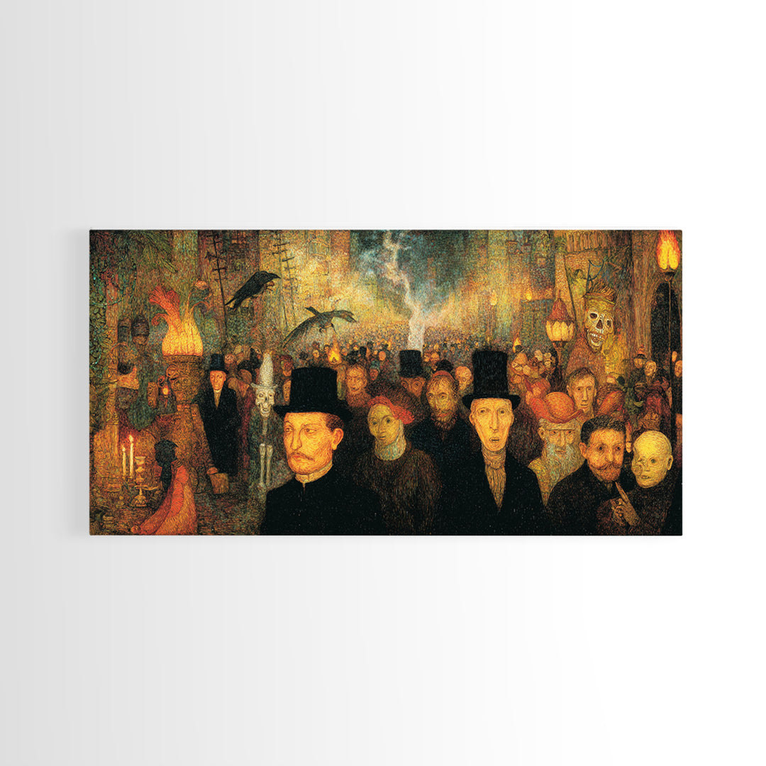The Town Where Shadows Live, Grotesque Carnival Art, Wide Panoramic Art, Dark Halloween Decor, Canvas Print, Halloween Wall Art