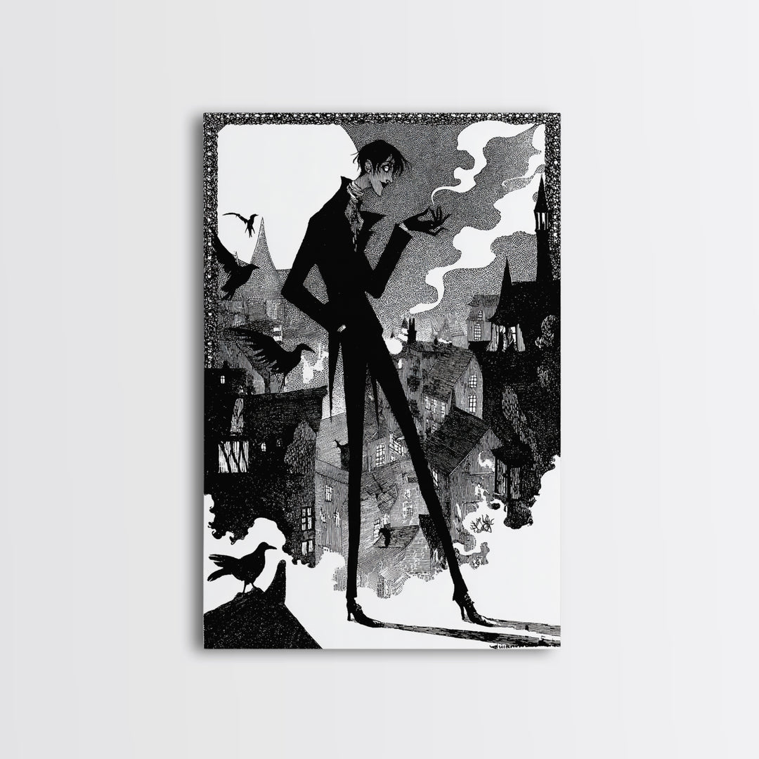 The Town Where Shadows Live, Decadent Line Art, Vertical Wall Art, Dark Halloween Decor, Framed Canvas Print, Halloween Wall Art