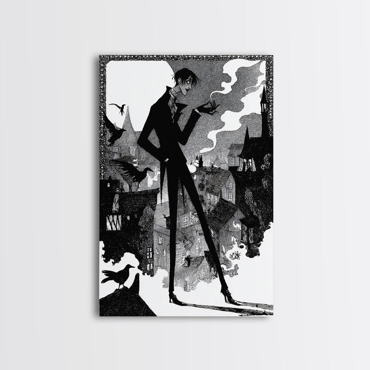 The Town Where Shadows Live, Decadent Line Art, Vertical Wall Art, Dark Halloween Decor, Framed Canvas Print, Halloween Wall Art