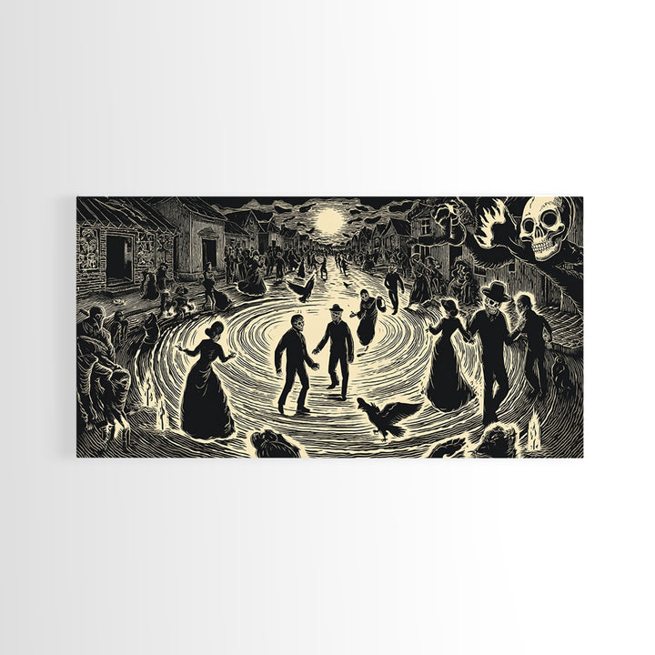 The Town Where Shadows Live, Macabre Folk Print Art, Wide Panoramic Art, Dark Fantasy Wall Art, Canvas Print, Halloween Wall Art
