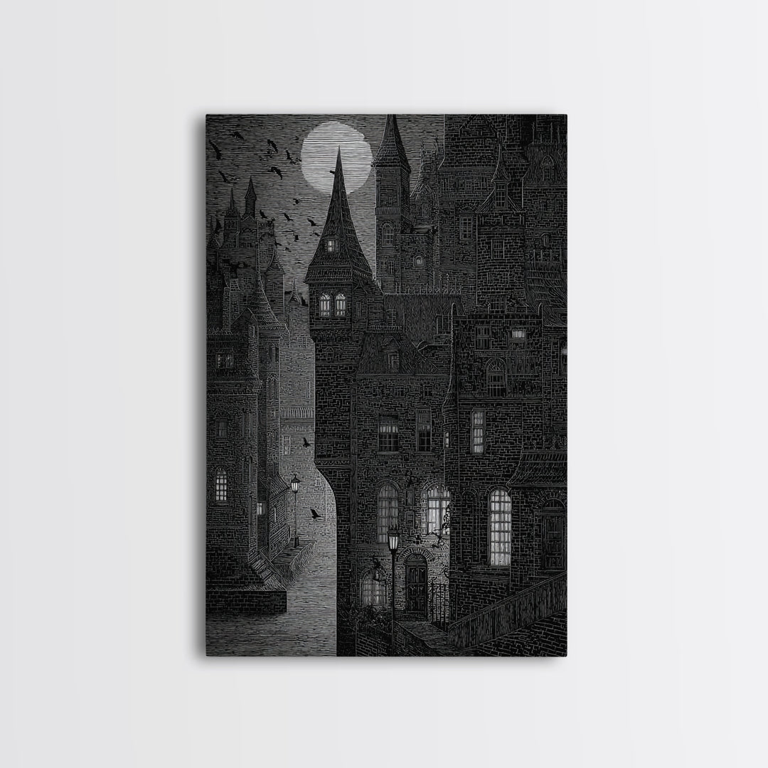 The Town Where Shadows Live, Victorian Macabre Art, Vertical Wall Art, Dark Fantasy Wall Art, Canvas Print, Halloween Wall Art