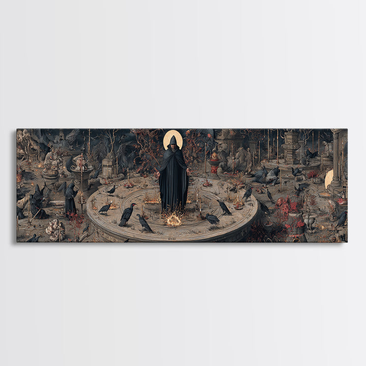 The Eclipse Summoning, Medieval Grotesque Art, Extra Wide Wall Art, Macabre Wall Art, Canvas Print, Halloween Wall Art