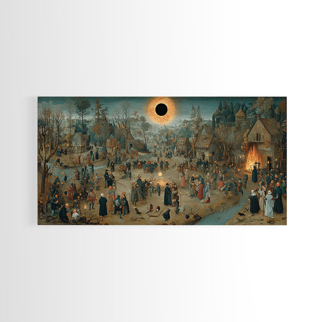 The Eclipse Summoning, Northern Renaissance Horror, Wide Panoramic Art, Dark Halloween Decor, Framed Canvas Print