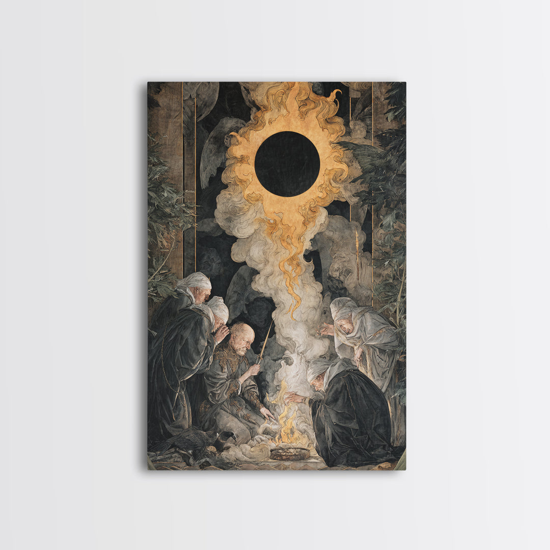 The Eclipse Summoning, Dark Renaissance Art, Vertical Wall Art, Gothic Horror Wall Art, Canvas Print, Halloween Wall Art