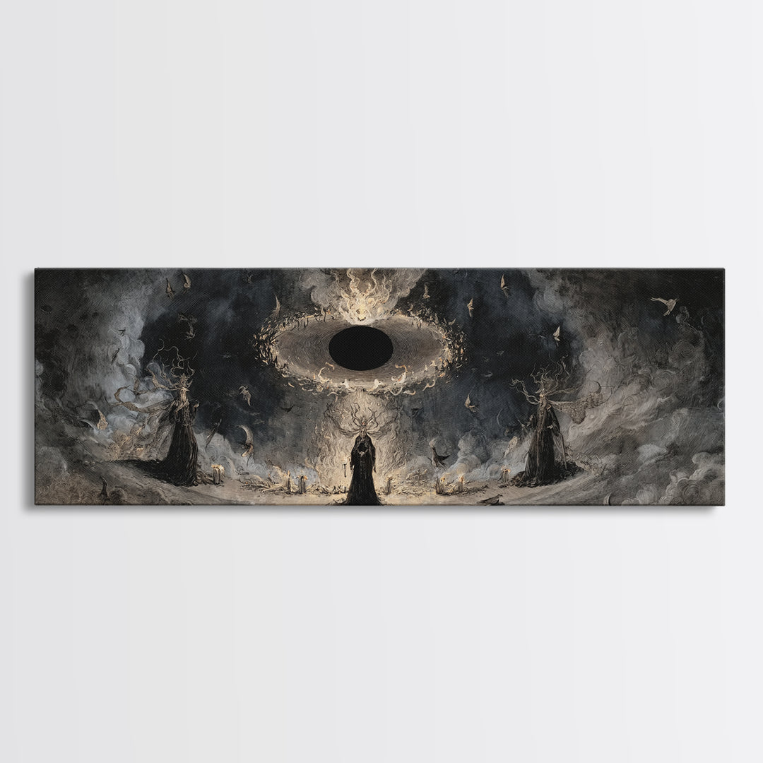The Eclipse Summoning, Dark Romantic Horror Art, Extra Wide Wall Art, Dark Halloween Decor, Framed Canvas Print, Halloween Wall Art