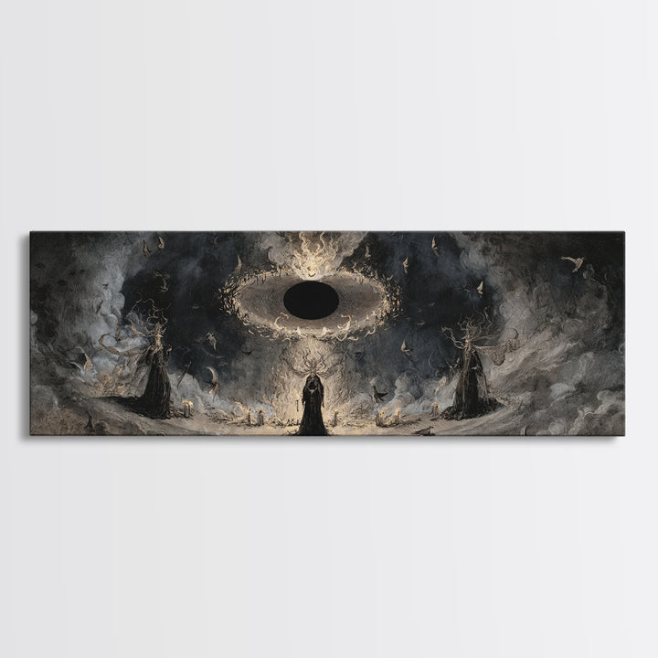 The Eclipse Summoning, Dark Romantic Horror Art, Extra Wide Wall Art, Dark Halloween Decor, Framed Canvas Print, Halloween Wall Art