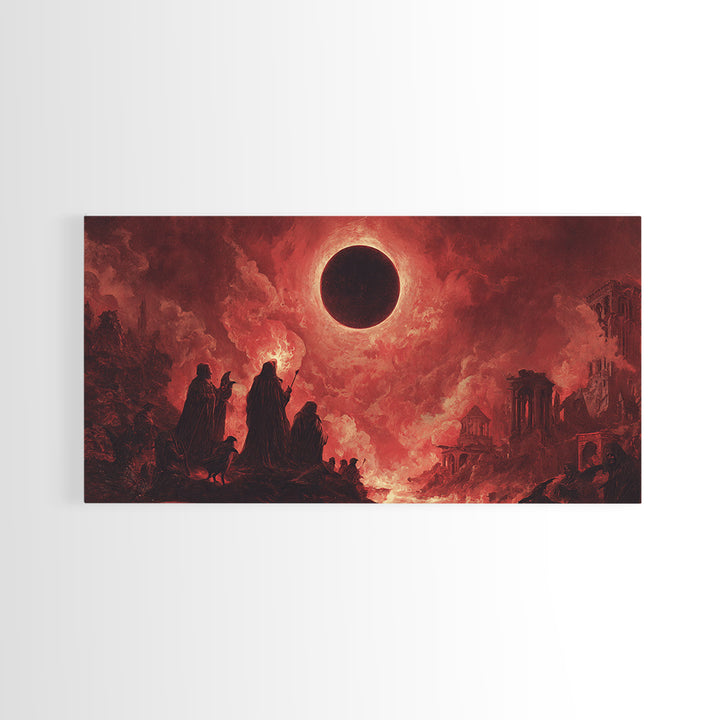 The Eclipse Summoning, Apocalyptic Romantic Art, Wide Panoramic Art, Dark Fantasy Wall Art, Framed Canvas Print, Halloween Wall Art