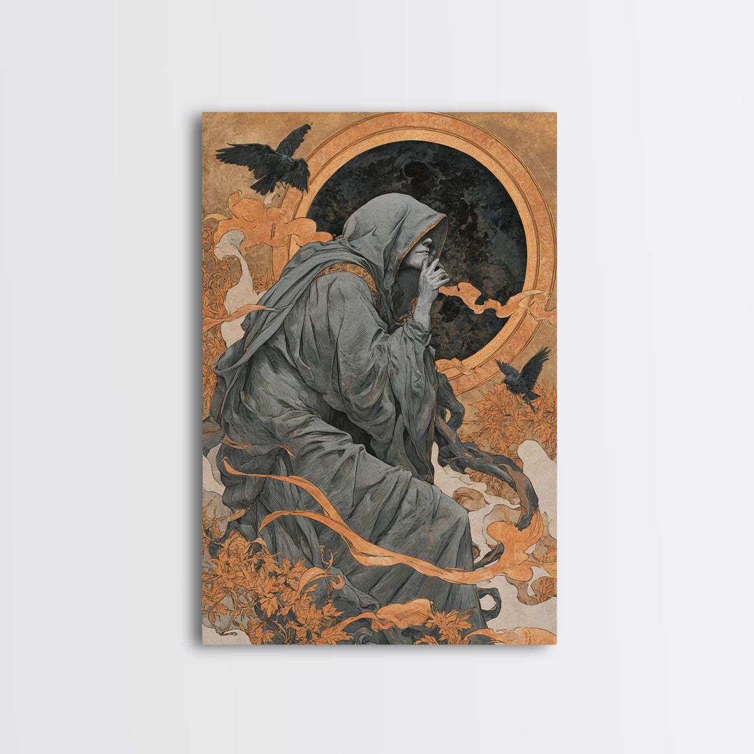 The Eclipse Summoning, Symbolist Death Art, Vertical Wall Art, Dark Fantasy Wall Art, Framed Canvas Print, Halloween Wall Art