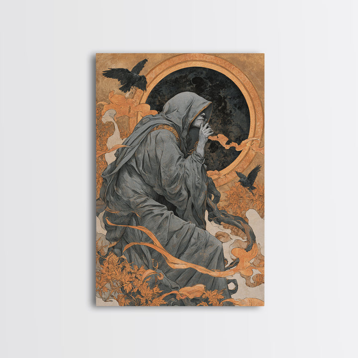 The Eclipse Summoning, Symbolist Death Art, Vertical Wall Art, Dark Fantasy Wall Art, Framed Canvas Print, Halloween Wall Art