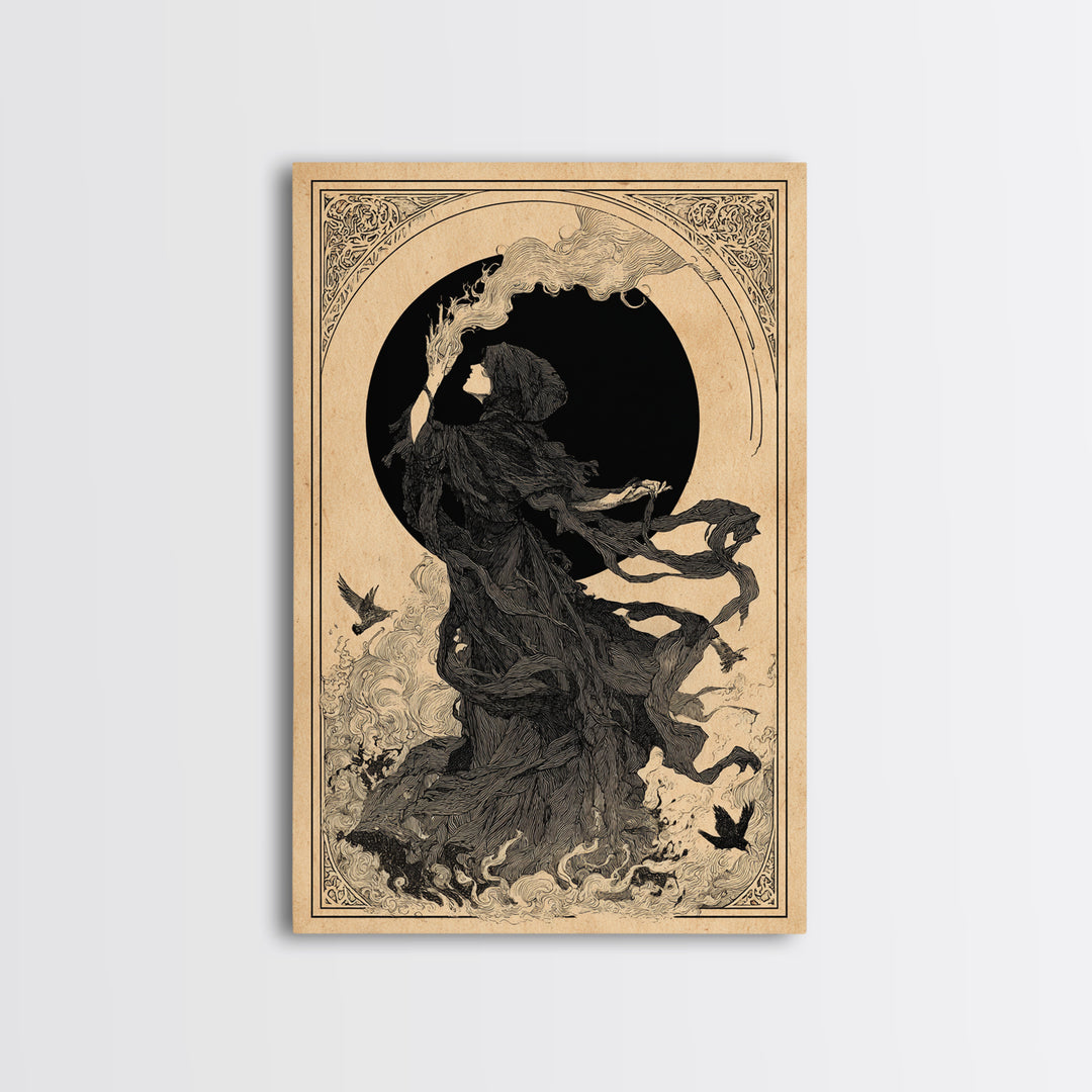 The Eclipse Summoning, Decadent Line Art, Vertical Wall Art, Macabre Wall Art, Framed Canvas Print, Halloween Wall Art