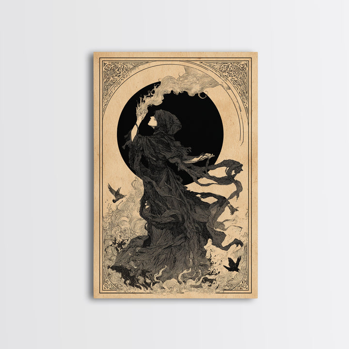 The Eclipse Summoning, Decadent Line Art, Vertical Wall Art, Macabre Wall Art, Framed Canvas Print, Halloween Wall Art