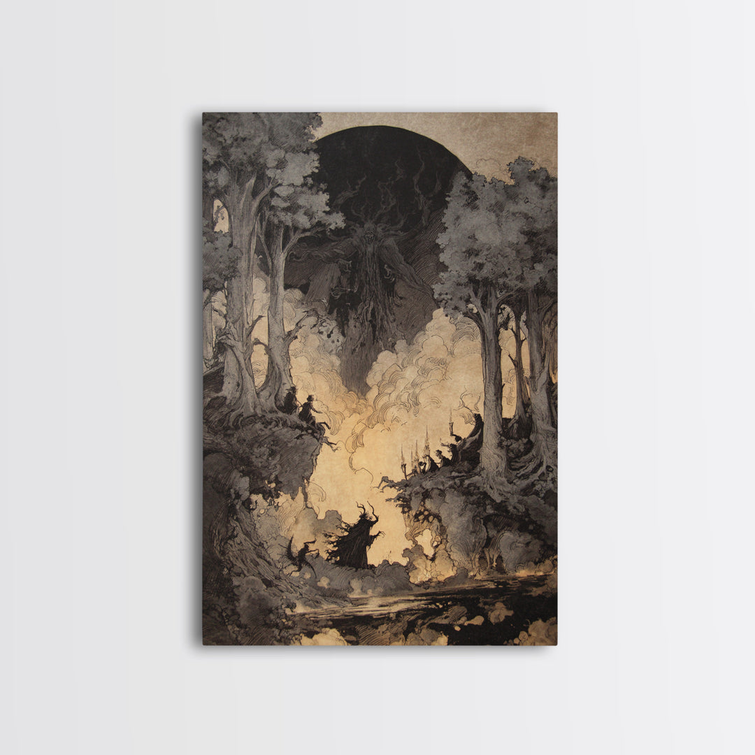 The Eclipse Summoning, Gothic Storybook Art, Vertical Wall Art, Dark Halloween Decor, Framed Canvas Print, Halloween Wall Art