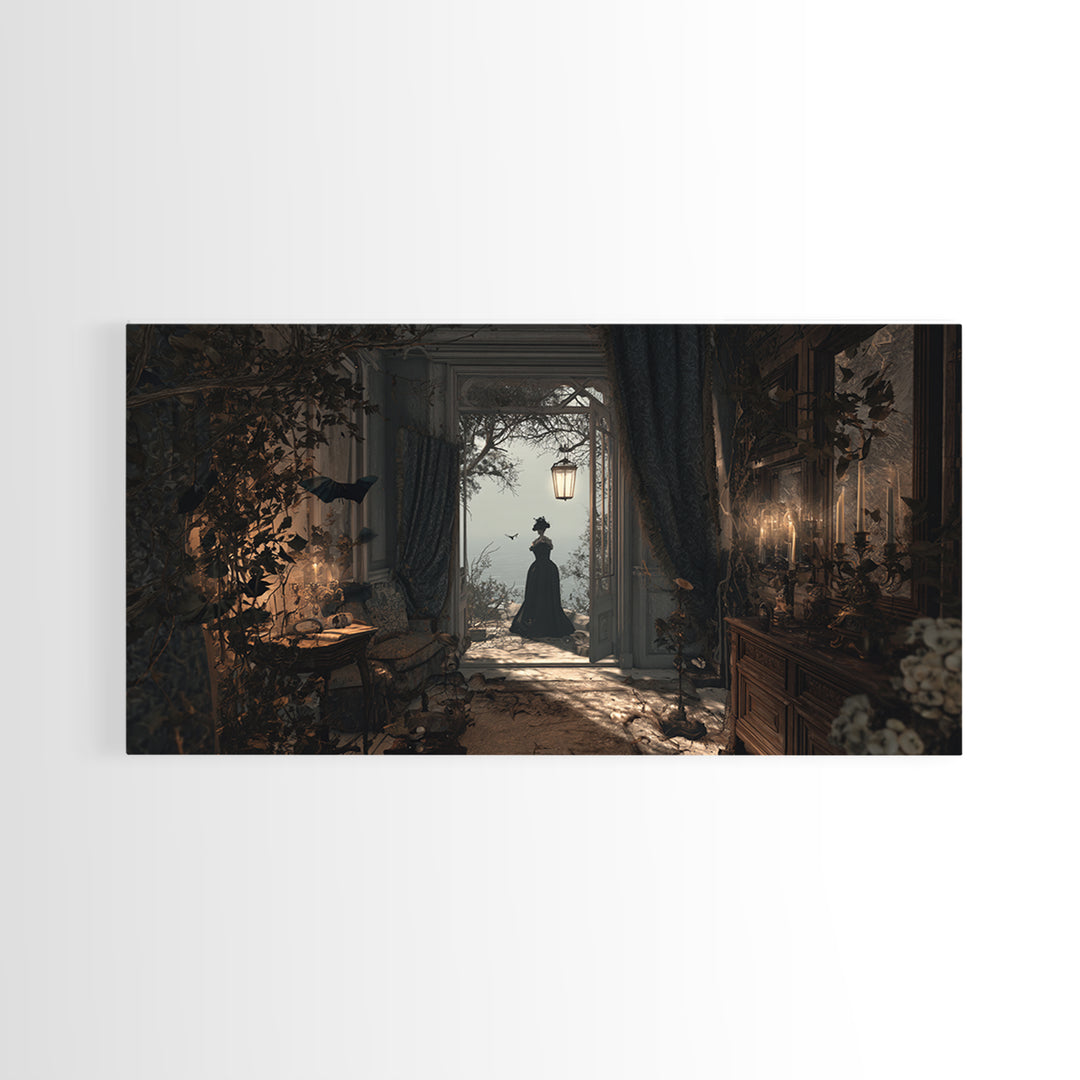 The Last House At The World'S Edge, Symbolist Gothic Landscape, Wide Panoramic Art, Dark Halloween Decor, Framed Canvas Print