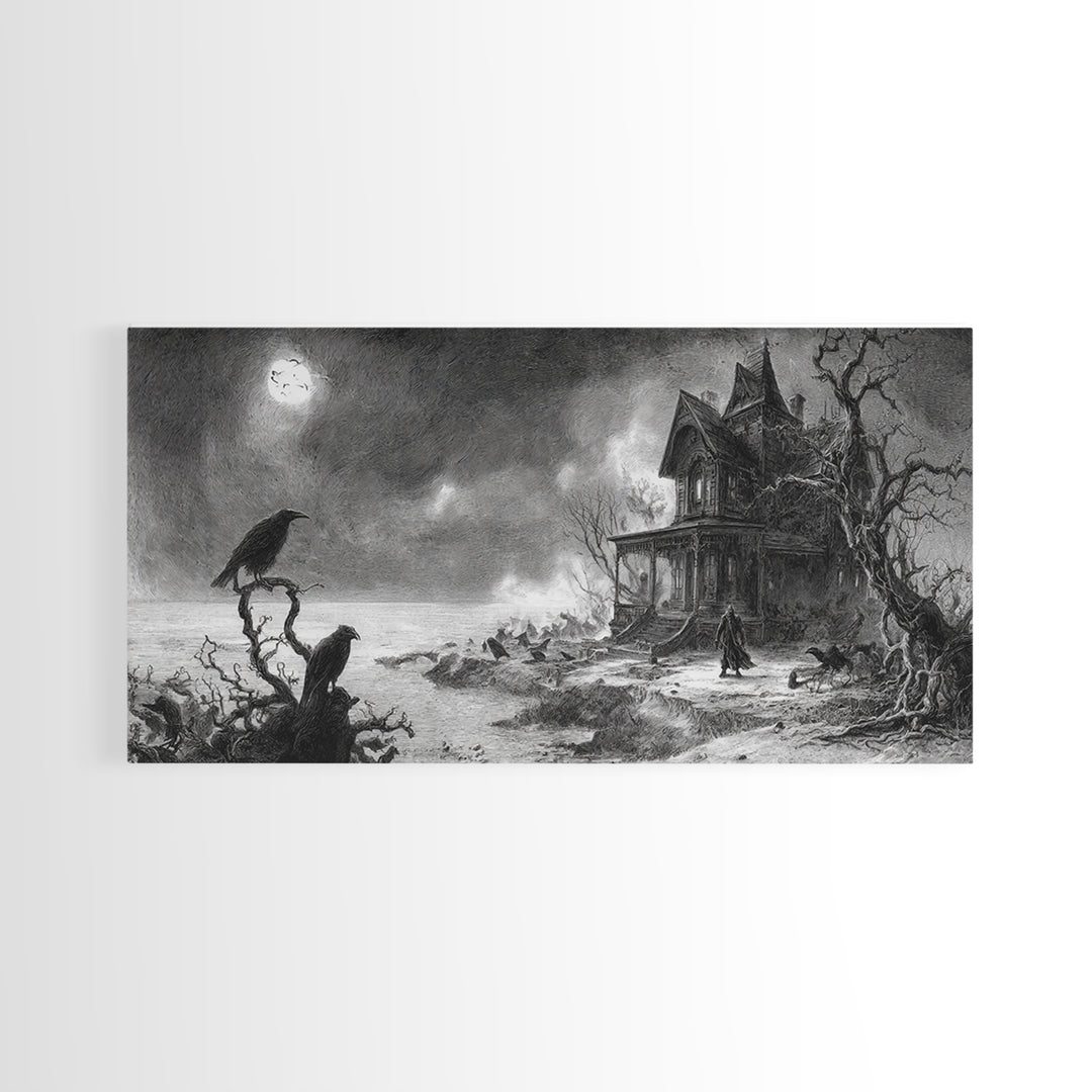 The Last House At The World'S Edge, Expressionist Nightmare Art, Wide Panoramic Art, Dark Halloween Decor, Framed Canvas Print