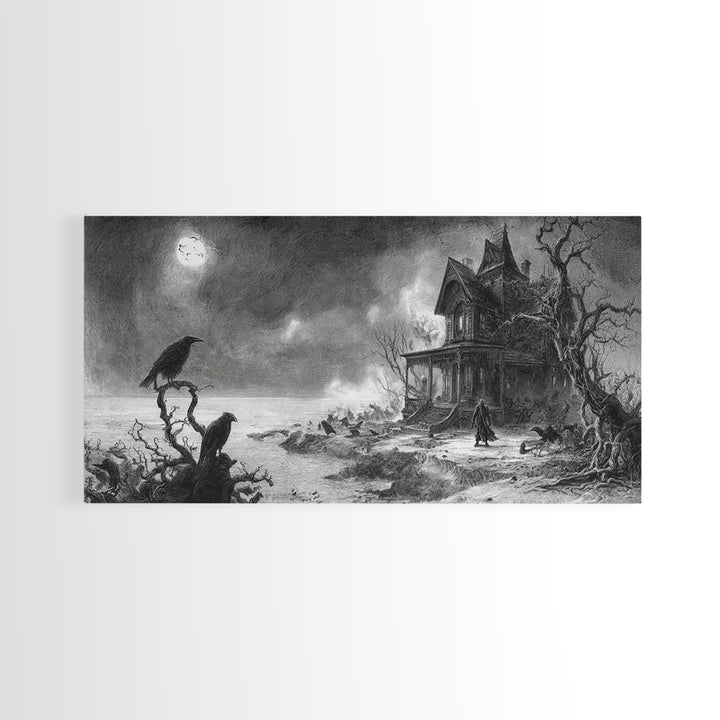 The Last House At The World'S Edge, Expressionist Nightmare Art, Wide Panoramic Art, Dark Halloween Decor, Framed Canvas Print