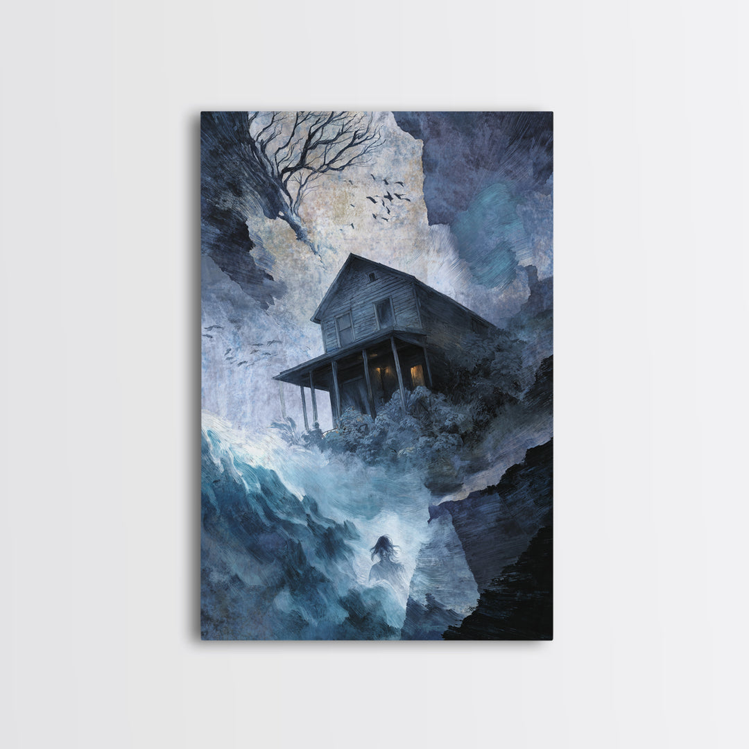 The Last House At The World'S Edge, Expressionist Gothic Art, Vertical Wall Art, Gothic Horror Wall Art, Framed Canvas Print