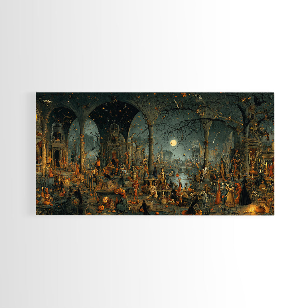 Halloween On Another Planet, Medieval Grotesque Art, Wide Panoramic Art, Gothic Horror Wall Art, Framed Canvas Print