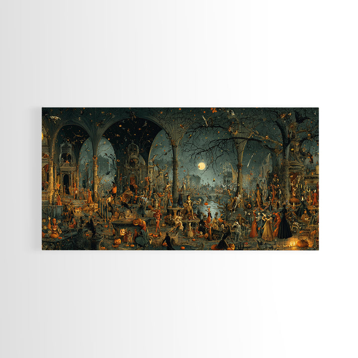 Halloween On Another Planet, Medieval Grotesque Art, Wide Panoramic Art, Gothic Horror Wall Art, Framed Canvas Print