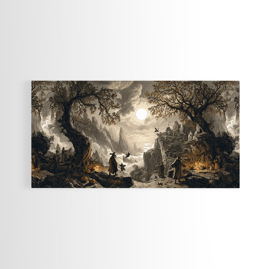 Halloween On Another Planet, Baroque Witchcraft Art, Wide Panoramic Art, Gothic Horror Wall Art, Framed Canvas Print, Halloween Wall Art