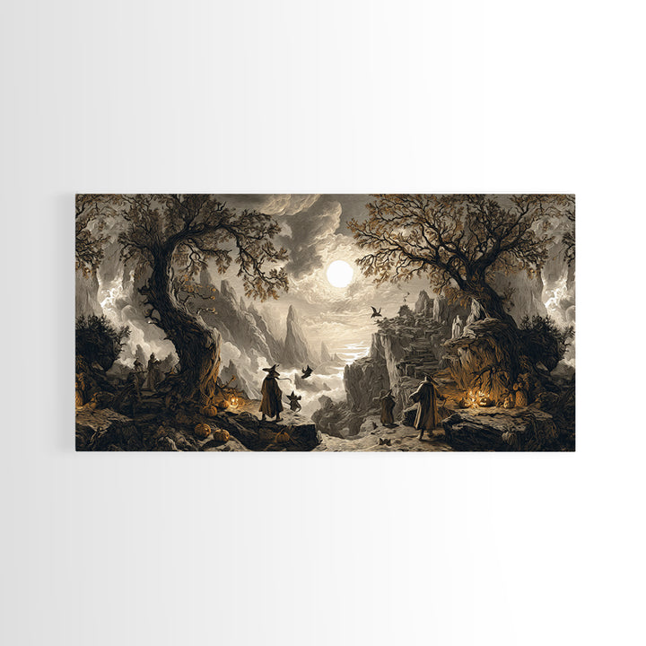 Halloween On Another Planet, Baroque Witchcraft Art, Wide Panoramic Art, Gothic Horror Wall Art, Framed Canvas Print, Halloween Wall Art