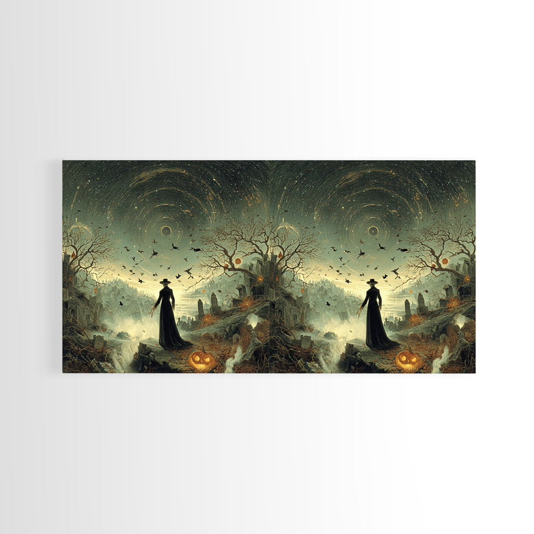 Halloween On Another Planet, Romantic Gothic Landscape, Wide Panoramic Art, Dark Fantasy Wall Art, Framed Canvas Print
