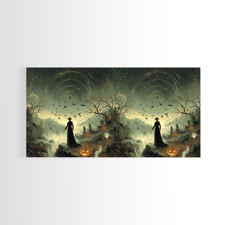 Halloween On Another Planet, Romantic Gothic Landscape, Wide Panoramic Art, Dark Fantasy Wall Art, Framed Canvas Print