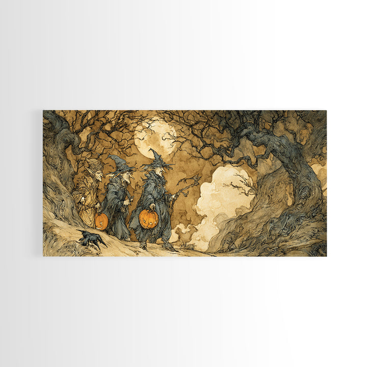 Halloween On Another Planet, Gothic Storybook Art, Wide Panoramic Art, Macabre Wall Art, Canvas Print, Halloween Wall Art