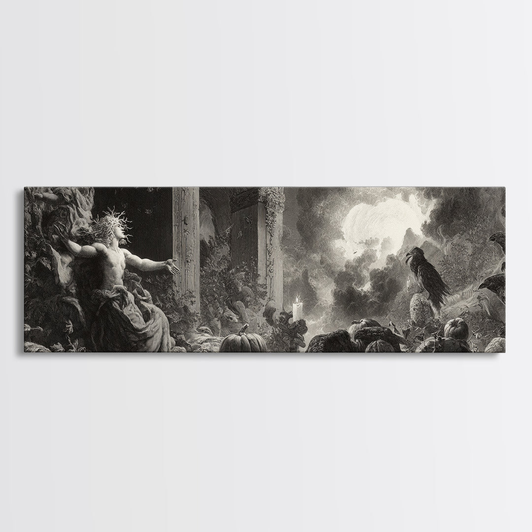 The Personification Of October, Gothic Engraving Art, Extra Wide Wall Art, Dark Halloween Decor, Canvas Print, Halloween Wall Art