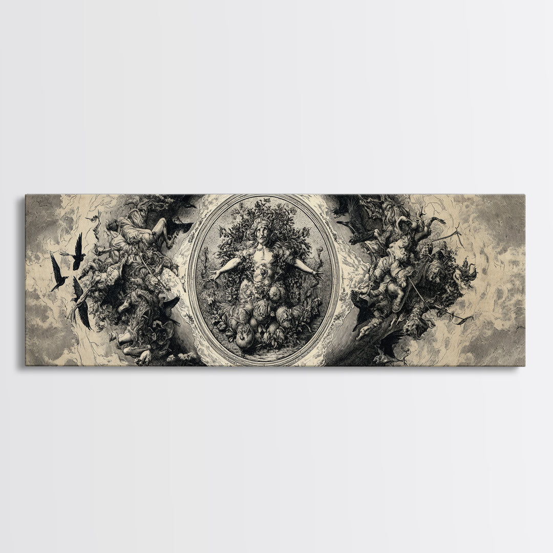 The Personification Of October, Renaissance Engraving Art, Extra Wide Wall Art, Macabre Wall Art, Canvas Print, Halloween Wall Art