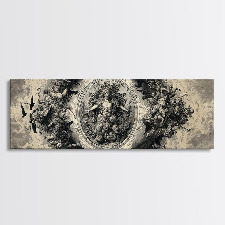 The Personification Of October, Renaissance Engraving Art, Extra Wide Wall Art, Macabre Wall Art, Canvas Print, Halloween Wall Art