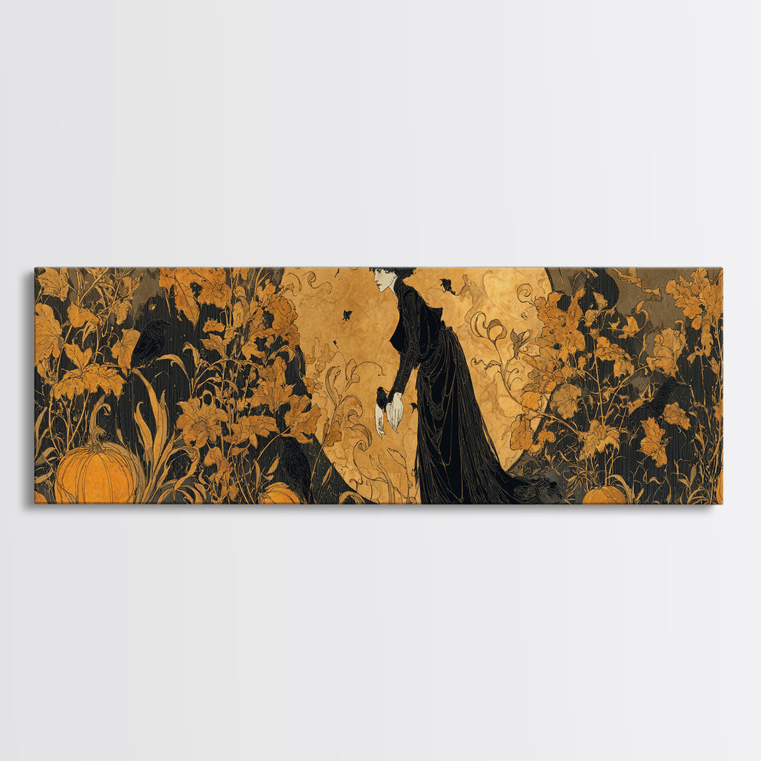 The Personification Of October, Decadent Line Art, Extra Wide Wall Art, Gothic Horror Wall Art, Canvas Print, Halloween Wall Art