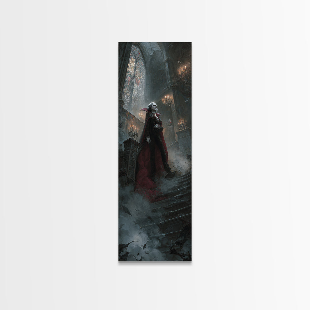 The Crimson Count Of Hollow Keep, Stained Glass Gothic Art, Tall Narrow Wall Art, Dark Fantasy Wall Art, Canvas Print, Halloween Wall Art