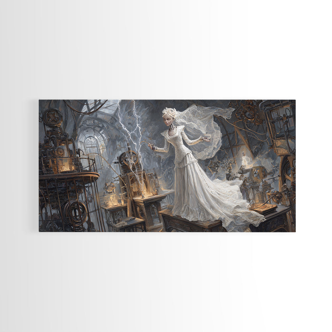 The Stitched Bride Of Thunder Hall, Apocalyptic Romantic Art, Wide Panoramic Art, Dark Fantasy Wall Art, Framed Canvas Print