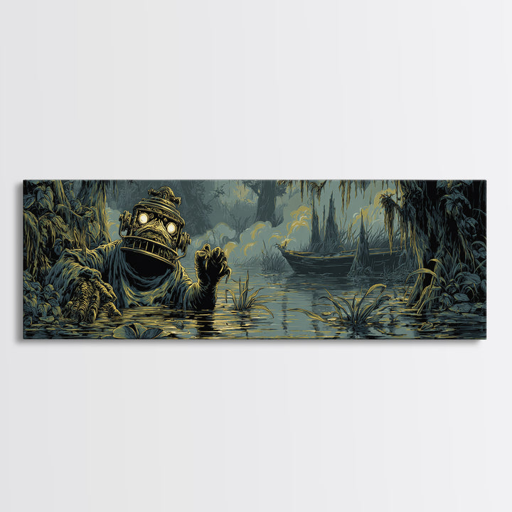 The Creature Of Lantern Lagoon, Gothic Engraving Art, Extra Wide Wall Art, Dark Halloween Decor, Framed Canvas Print
