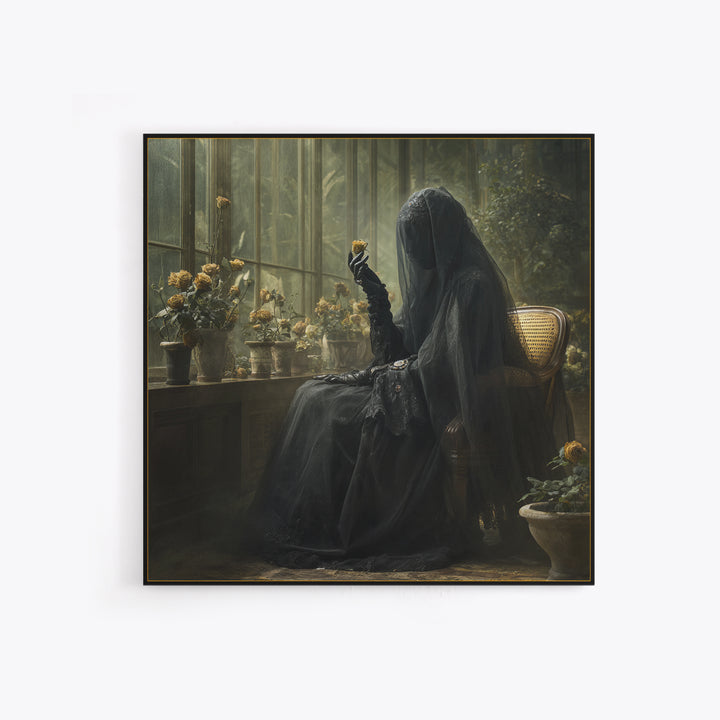The Invisible Mourner Of Glass House, Gothic Engraving Art, Square Wall Art, Macabre Wall Art, Canvas Print, Halloween Wall Art