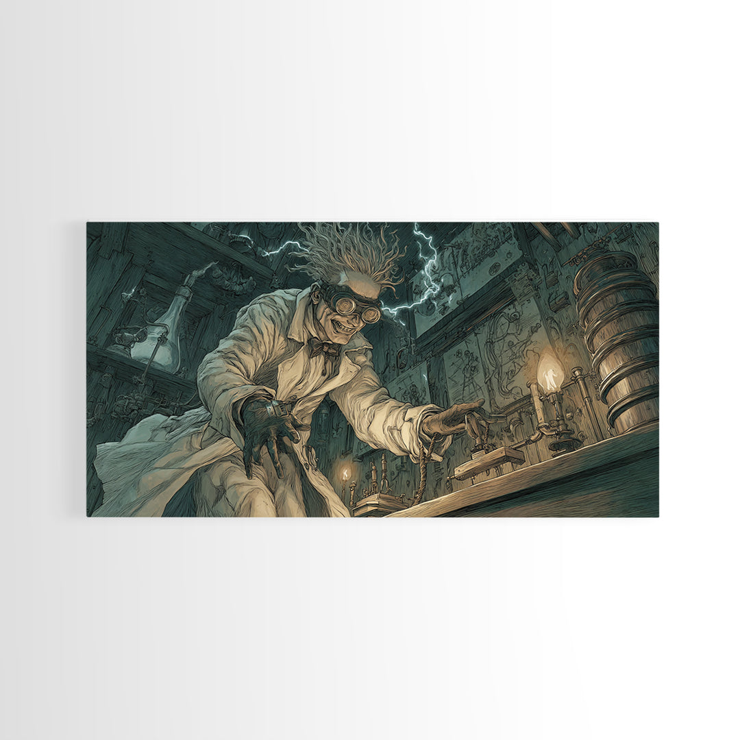 Doctor Vesper'S Resurrection Engine, Expressionist Nightmare Art, Wide Panoramic Art, Gothic Horror Wall Art, Framed Canvas Print