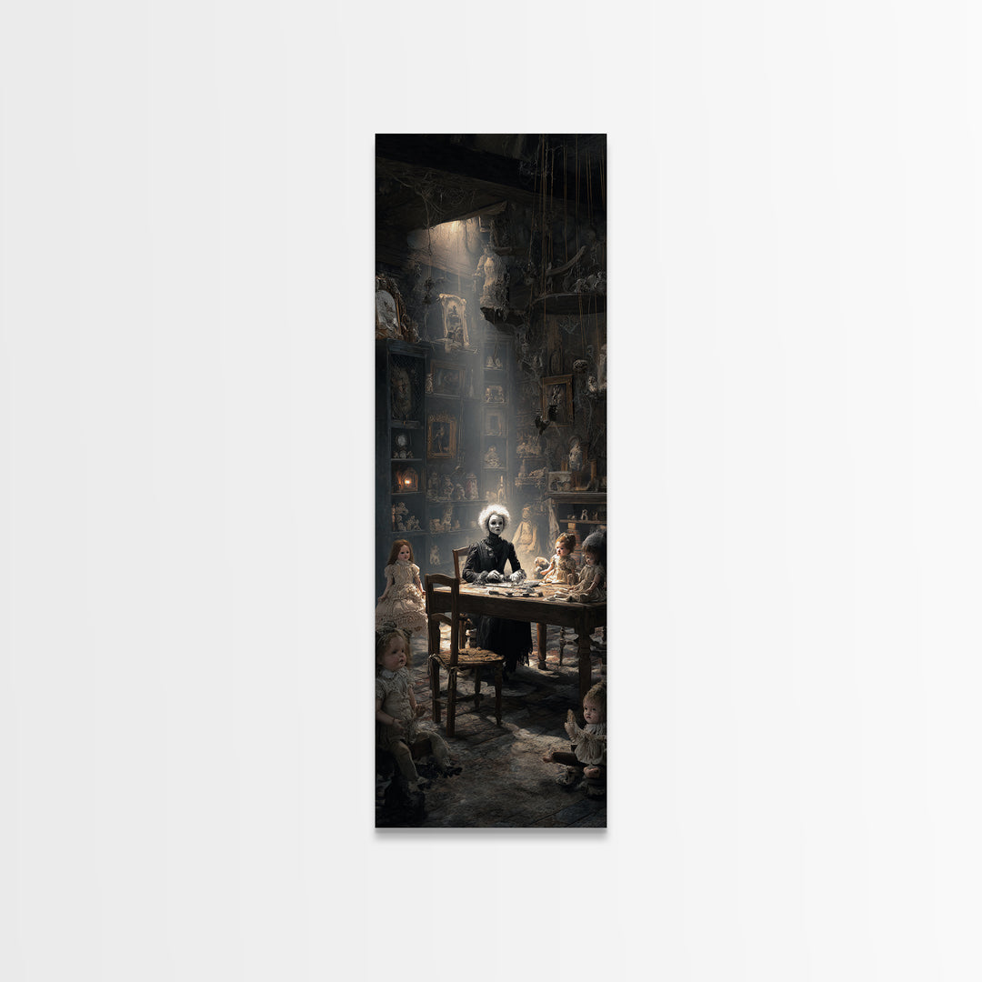 The Dollmaker Of Hollow Ward, Gothic Engraving Art, Tall Narrow Wall Art, Macabre Wall Art, Framed Canvas Print, Halloween Wall Art