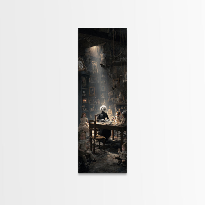 The Dollmaker Of Hollow Ward, Gothic Engraving Art, Tall Narrow Wall Art, Macabre Wall Art, Framed Canvas Print, Halloween Wall Art