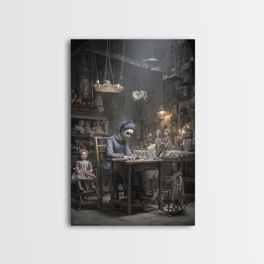 The Dollmaker Of Hollow Ward, Victorian Macabre Art, Vertical Wall Art, Macabre Wall Art, Canvas Print, Halloween Wall Art
