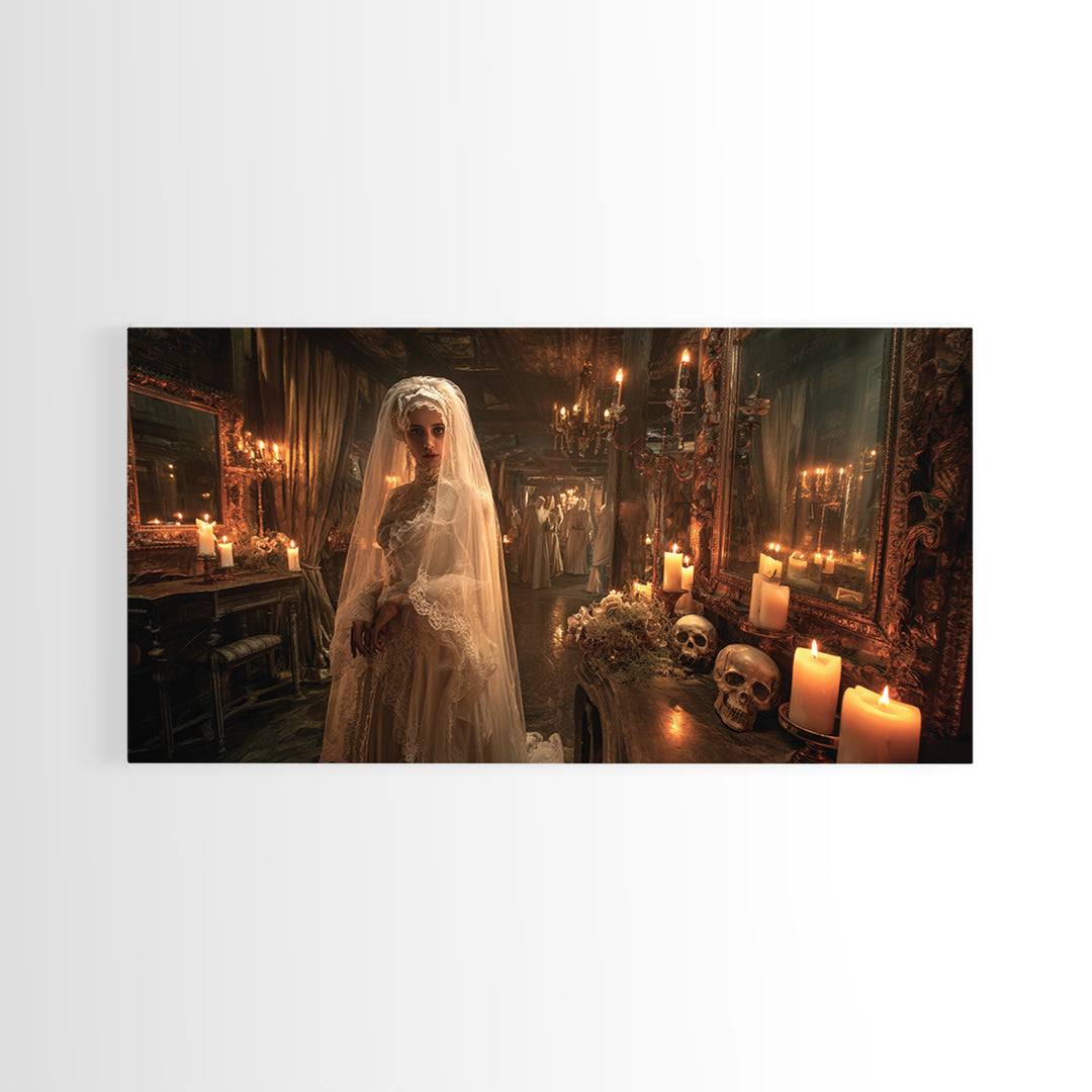 The Wax Bride Of Mourning Hall, Grotesque Carnival Art, Wide Panoramic Art, Gothic Horror Wall Art, Canvas Print, Halloween Wall Art