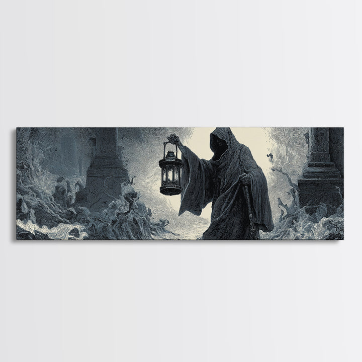The Lantern-Bearer Of R’Lyeh, Gothic Engraving Art, Extra Wide Wall Art, Dark Fantasy Wall Art, Canvas Print, Halloween Wall Art