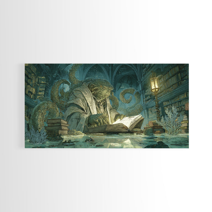 The Librarian Of Forbidden Tides, Expressionist Nightmare Art, Wide Panoramic Art, Macabre Wall Art, Canvas Print, Halloween Wall Art