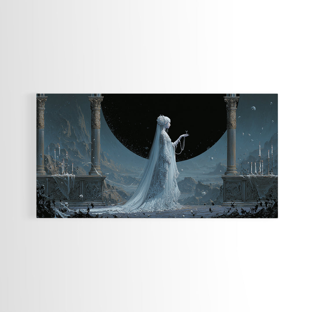 The Bride Of The Abyssal Moon, Apocalyptic Romantic Art, Wide Panoramic Art, Cosmic Horror Art, Canvas Print, Halloween Wall Art