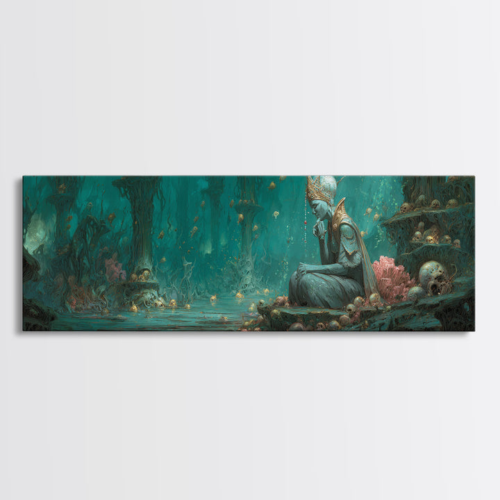 The Watcher In The Coral Throne, Gothic Storybook Art, Extra Wide Wall Art, Gothic Horror Wall Art, Canvas Print, Halloween Wall Art