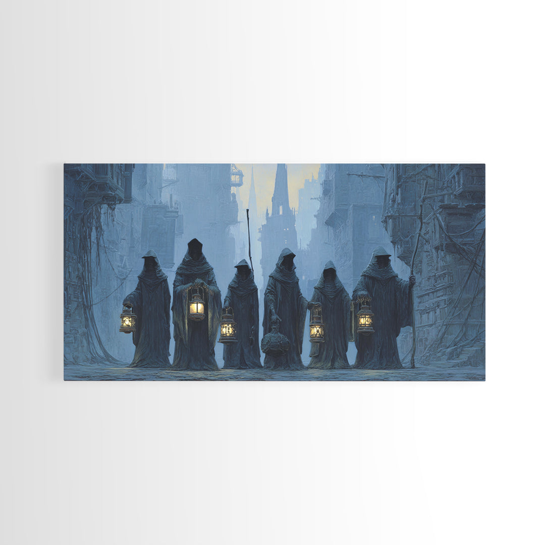 The Innsmouth Lantern Procession, Gothic Engraving Art, Wide Panoramic Art, Gothic Horror Wall Art, Canvas Print, Halloween Wall Art