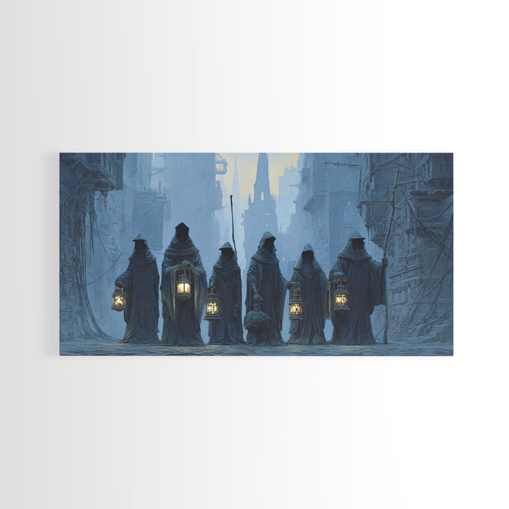 The Innsmouth Lantern Procession, Gothic Engraving Art, Wide Panoramic Art, Gothic Horror Wall Art, Canvas Print, Halloween Wall Art