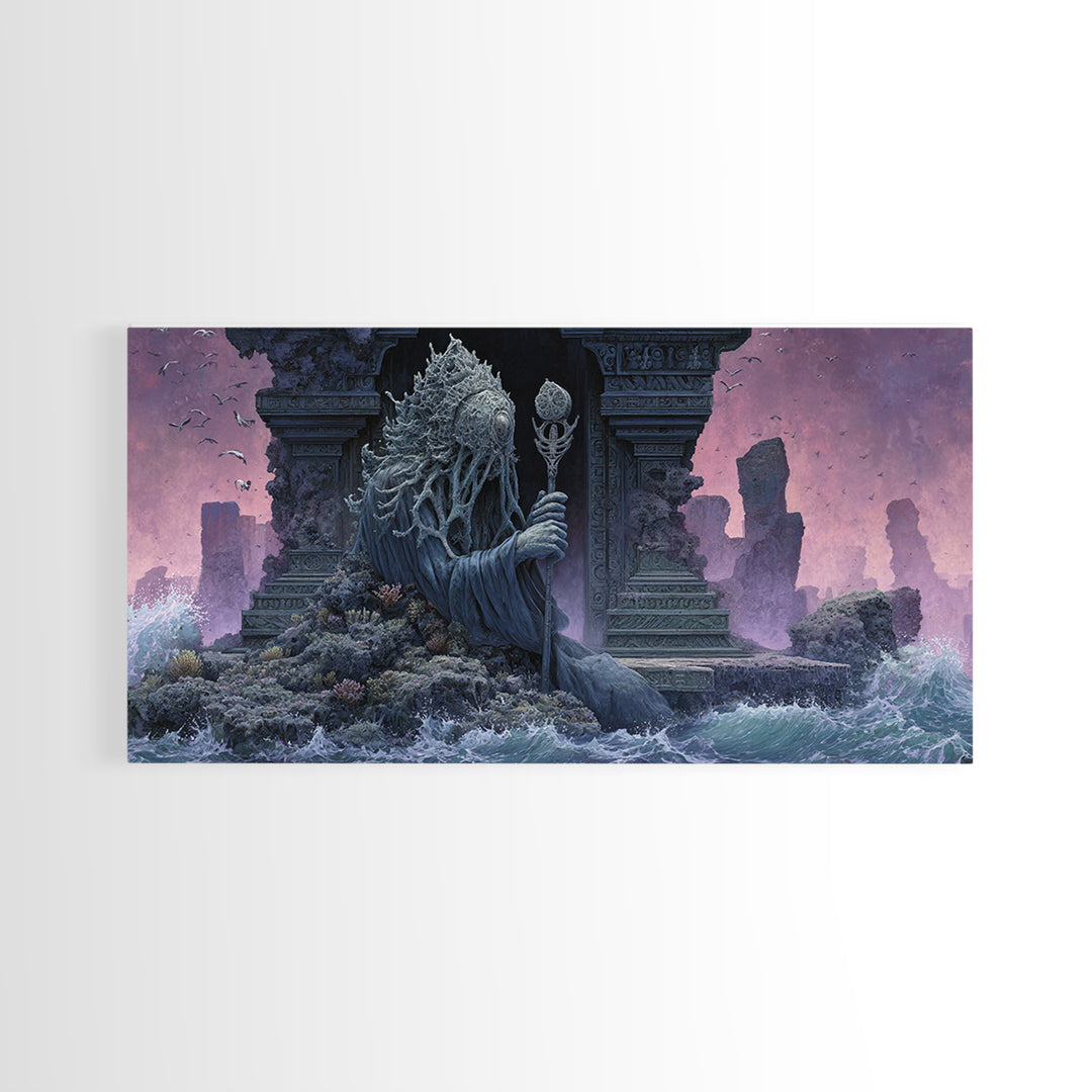 The Keeper Of The Black Reef Key, Symbolist Gothic Landscape, Wide Panoramic Art, Dark Fantasy Wall Art, Canvas Print, Halloween Wall Art